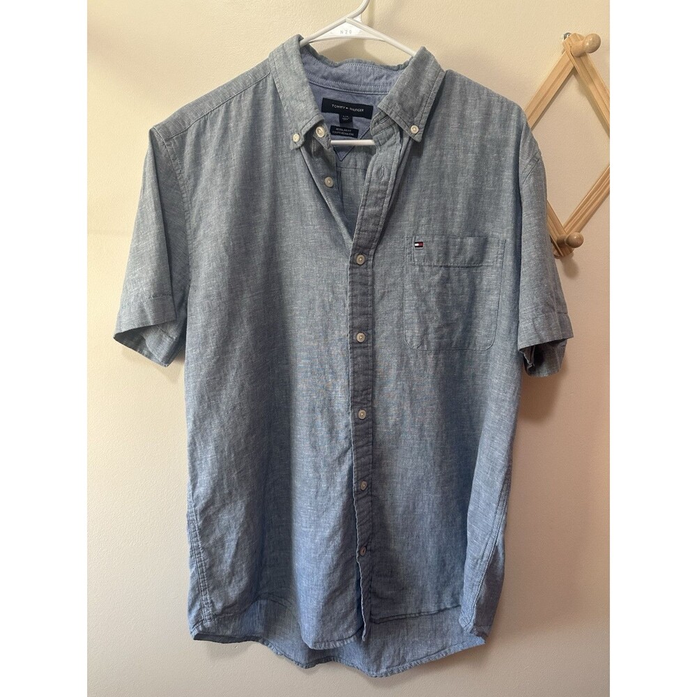 Tommy Hilfiger Men's Short Sleeve Cotton-Linen Blend Shirt Blue, Large Button Up